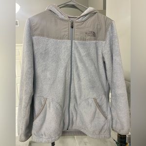 North Face Light blue and gray fleece zip up with hood.